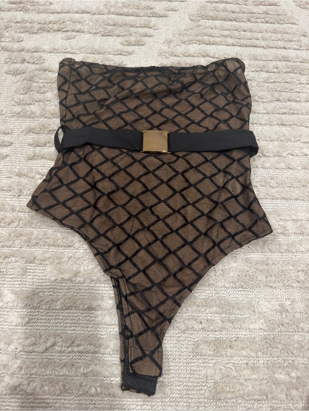 NWT Sheer Black Net Bodysuit with Gold Buckle Belt